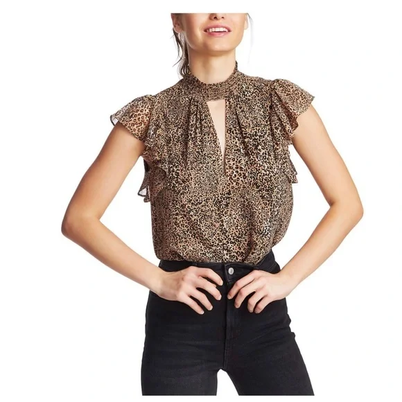 1 State Leopard Keyhole Mock Neck Blouse - Picture 1 of 10